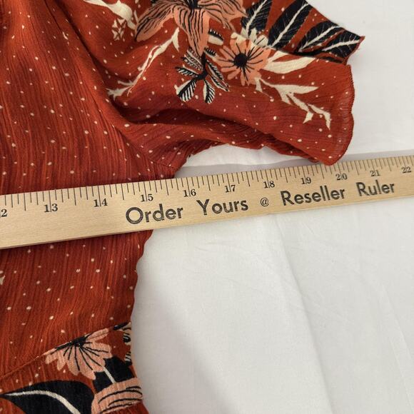 Bohme Dress Womens Small Rust Orange Floral Midi Short Sleeve Boho 100% Rayon - Picture 8 of 9